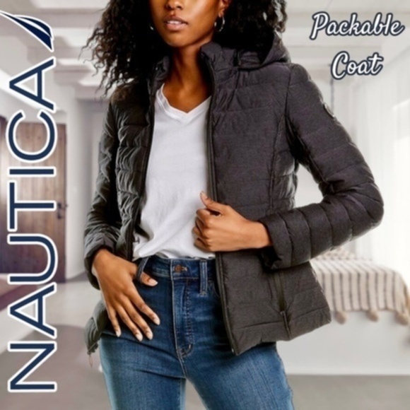 NAUTICA Zip-Off Hood H2o Resist Packable w/Sack High Neck Puffer Coat NWT/XL